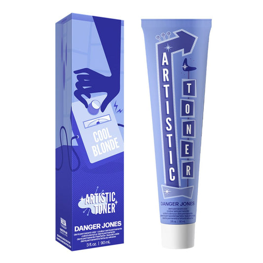 Danger Jones Artistic Toner in Cool Blonde, packaged in a blue tube with a matching box featuring the product name and shade description.