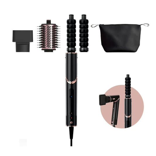 The image shows the Shark FlexStyle Air Styling & Drying System HD421 in black color, including the main wand, detachable components such as brushes and curlers, and a storage case.