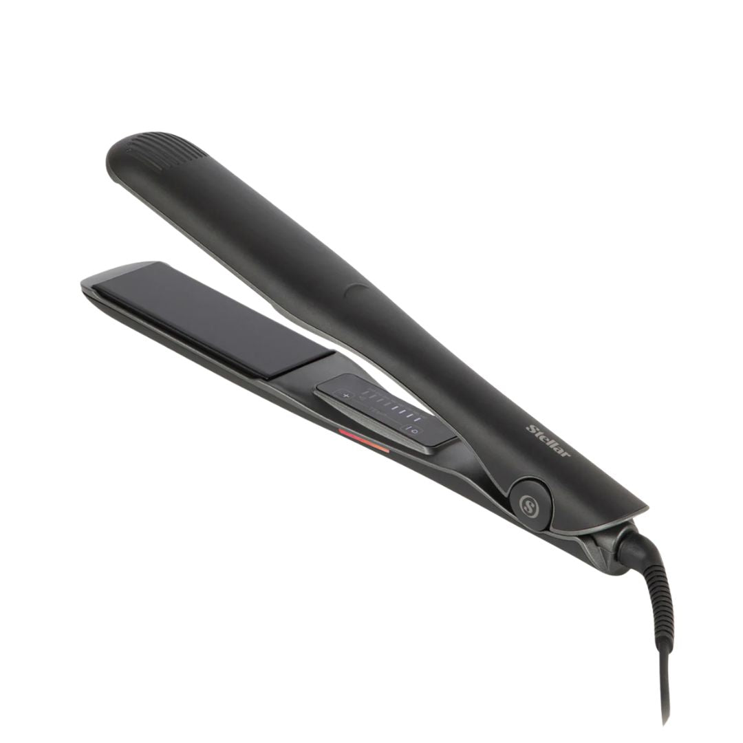 Black hair straightener on a white background