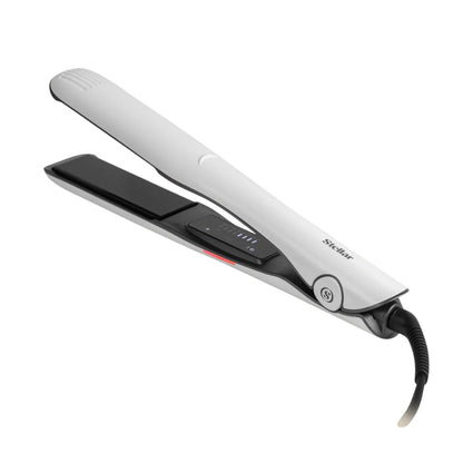 Silver hair straightener on a white background