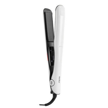 White hair straightener with black accents on a white background