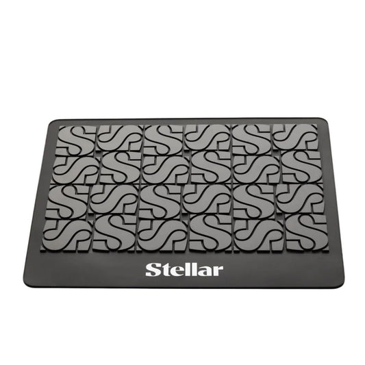 Black mat with white pattern and 'Stellar' branding on a white background