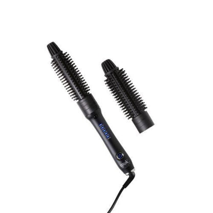 Black hair styling tool with bristle brush head on a white background