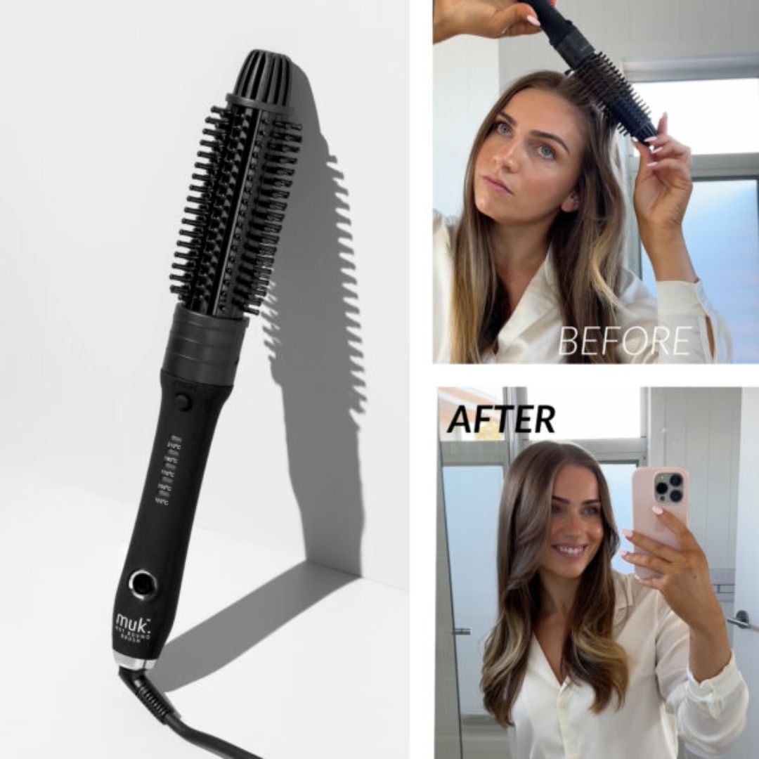 Hair styling tool with 'Muk' branding, showing transformation of hair before and after use.