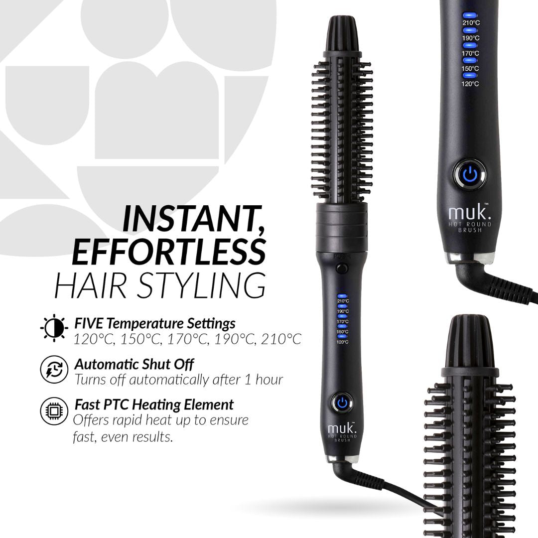 Hair styling tool with temperature settings and features on a white background