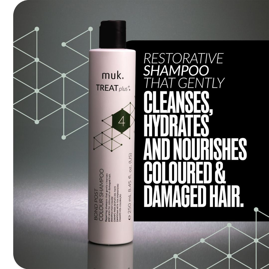 muk. Treat+ shampoo bottle with promotional text on a gray background