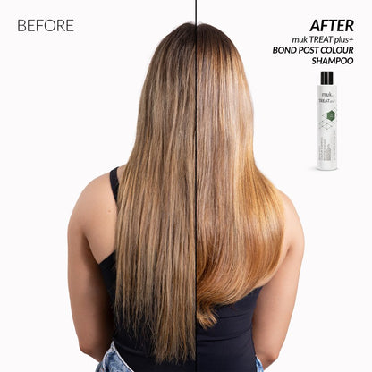 Before and after comparison of hair treatment with a shampoo bottle on a white background